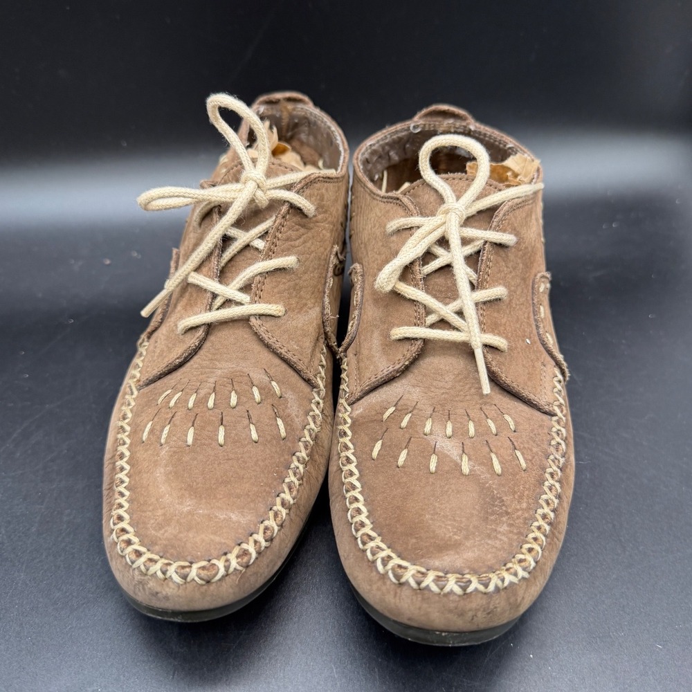 Hush Puppies Womens 7M Brown Leather Lace Up Moccasin Flats 58335 Whipstitch